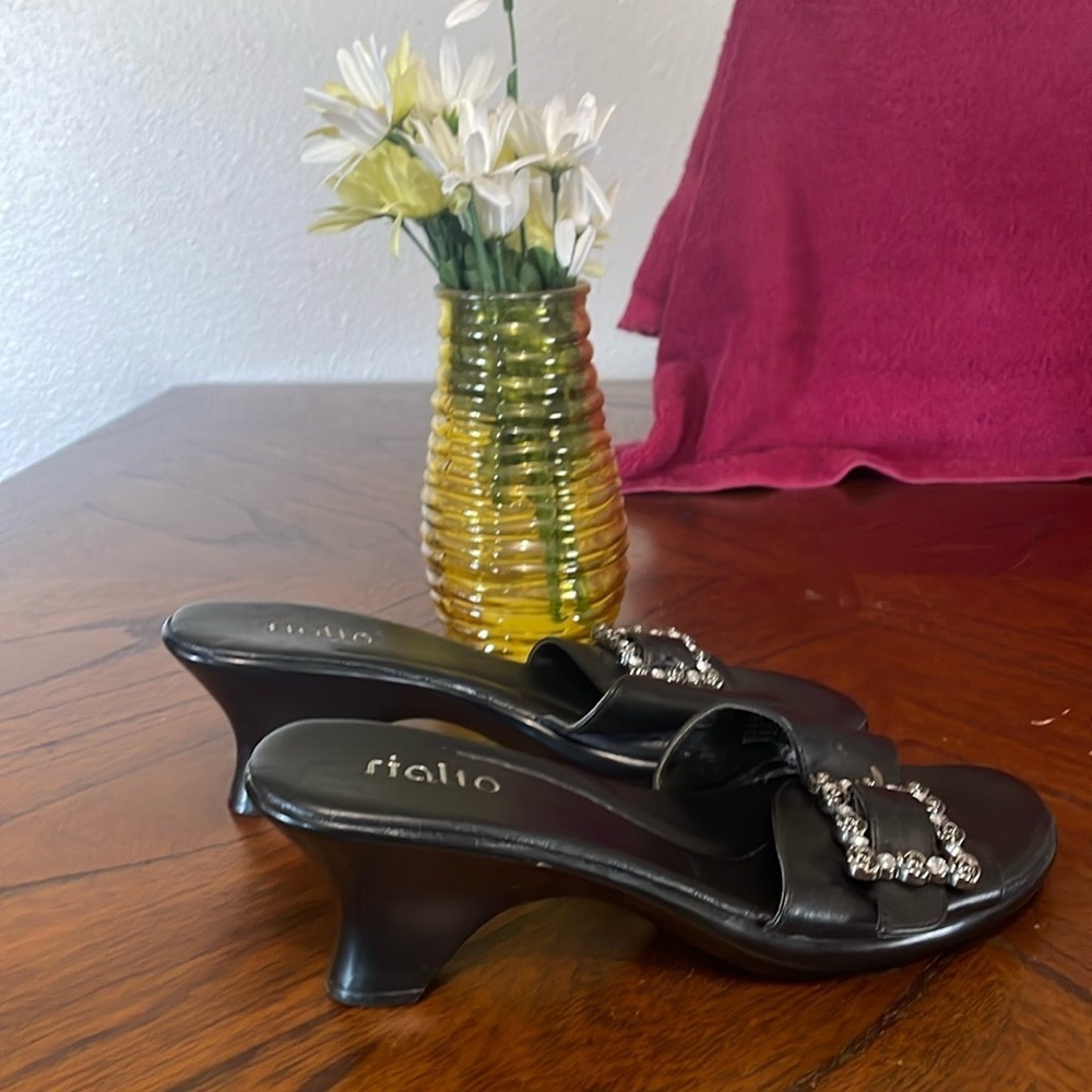 Rialto Black Slide Sandals with Crystal Buckle Accents